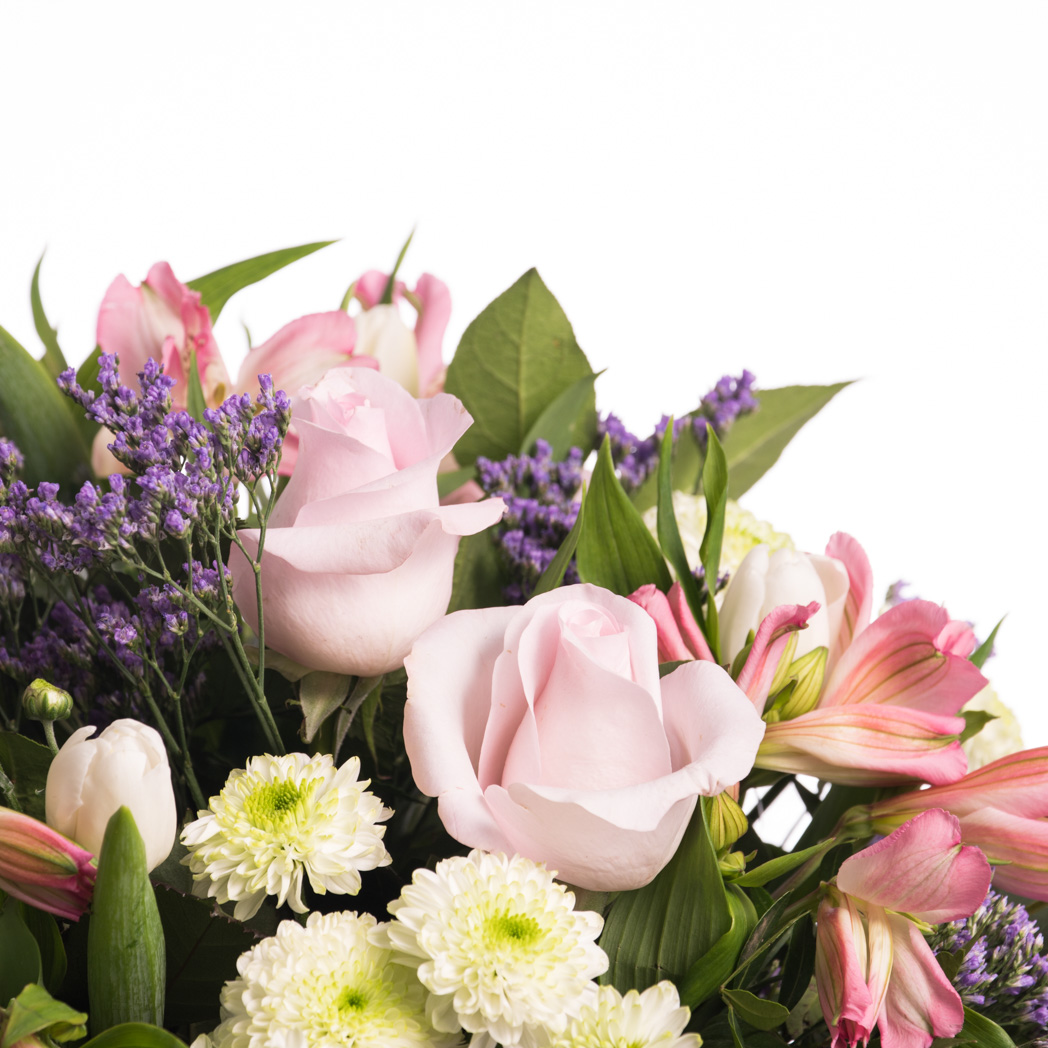 Ramo de flores rosa y lila con rosas - Floristeria Fontanillas